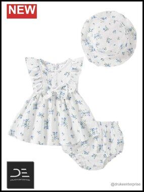 Baby Girl Ruffle Sleeve Cotton Blend 3-Piece Summer Dress Set with Hat &